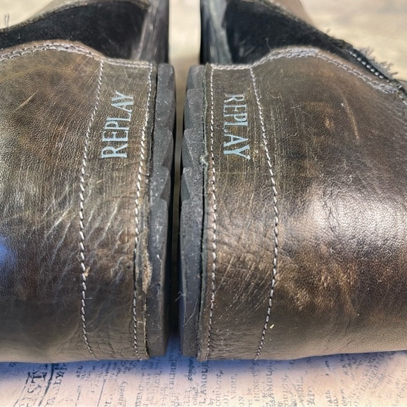 Replay Leather & Denim Deconstructed Biker Ankle Boots Zip Side Moto Boots